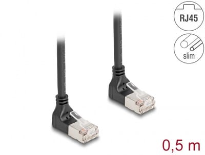 Delock RJ45 Network Cable Cat.6A S/FTP Slim 90° upwards / upwards angled 0.5 m black