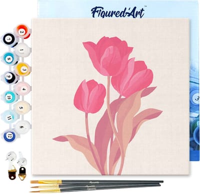 Figured'Art Mini Schilderen op Nummer Volwassenen 20x20cm met lijst 3 roze tulpen - Klein Formaat Creatieve Hobby Kit DIY Art Nummer Compleet