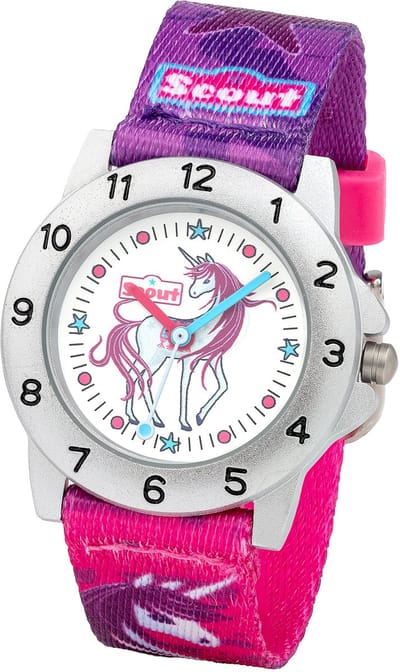 Scout Kinderuhr analog aus der Serie "Action" mit pink lilanem Textilband mit Einhorn-Motiv und Quarzwerk