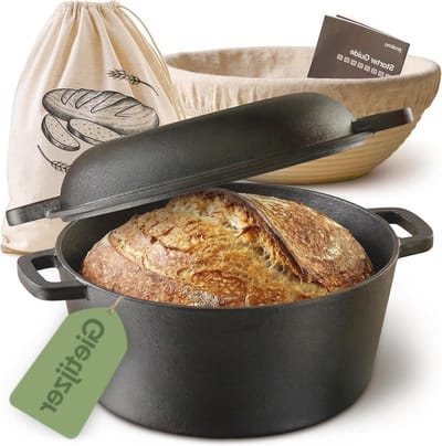 Gietijzeren Broodpan - Braadpan Deksel - Brood Bakken - Compleet met Rijsmand - 4.7 Liter - Zwart