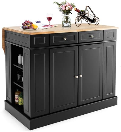 Keukeneiland - Verplaatsbaar - Keukenkast - Dressoir - Organizer - Kasten - Houten Werkblad - 2 Deuren - Zwart