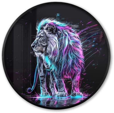 Poster in lijst Rond - Fotolijst 60x60 cm - Posters - Leeuw - Kleuren - Zwart - Dieren - Ronde posterlijst zwart - Decoratie - Wanddecoratie woonkamer - Muurdecoratie slaapkamer