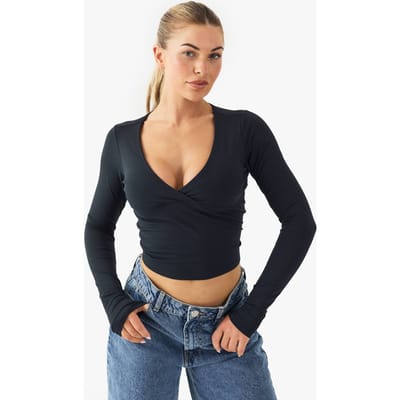 boohoo Dames Boterzachte Ingebouwde Gevoerde V-hals Lange Mouw Sculpt Top | Zwart | Maat: 40