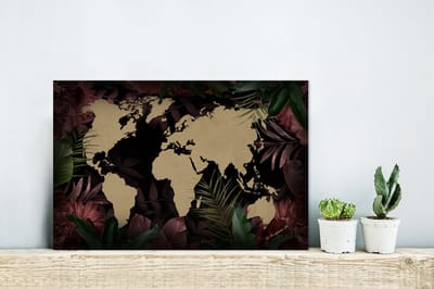Aluminium schilderij 30x20 cm - Wanddecoratie metaal - Wereldkaart - Tropische planten - Bruin - Metalen muurdecoratie woonkamer - Decoratie industrieel - Foto op dibond - Industriële accessoires slaapkamer