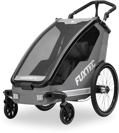 FUXTEC fietskar FX-FA1S grijs, eenzitter opvouwbaar met koppeling, duwbeugel, regenhoes, 5-puntsgordel, max. belasting 35 kg
