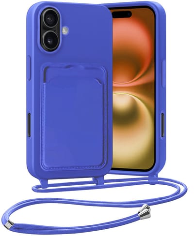 Hoesje Geschikt voor iPhone 16 Plus Hoesje Met Telefoonketting Pasjeshouder Case Koord - Hoesje Geschikt voor iPhone 16 Plus Hoes Met Kaarthouder - Felblauw