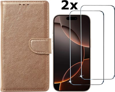 Hoesje Geschikt voor iPhone 16 Pro Max hoesje bookcase met 2 stuks screenprotectors – Goud