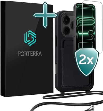 Hoesje Geschikt voor iPhone 17 Pro Pashouder Case Siliconen Hoes Met Koord Met 2x Screenprotector - Hoes Geschikt voor iPhone 17 Pro Met Telefoonkoord Hoesje Back Cover Met Pasjeshouder - Zwart