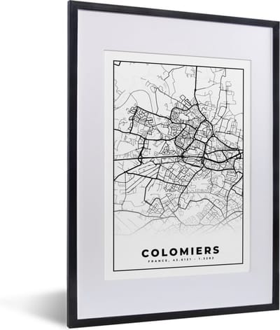 Fotolijst incl. Poster Zwart Wit- Frankrijk - Kaart - Plattegrond - Colomiers - Stadskaart - Zwart wit - 30x40 cm - Posterlijst