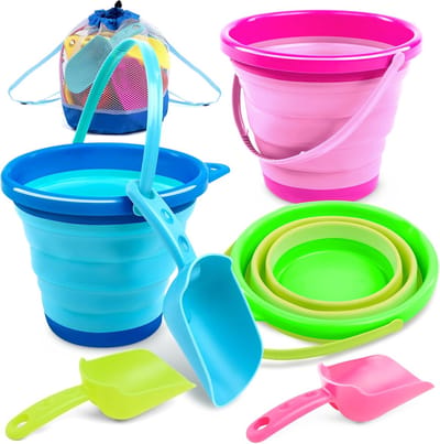 Zandbak Schelp - Vouwbare Strandemmer Set - Blauw/Roze/Groen - Inclusief Scheppen en Mesh Tas - Ideaal voor Strand en Kamperen - Voor Kinderen