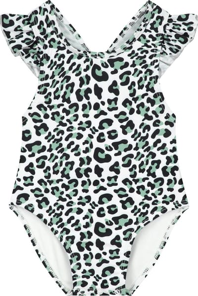 Supercute badpak dierenprint met drukknopen panterprint wit gekruiste bandjes maat 74-80