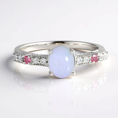 Cavill - Zilveren ring 925 Sterling platina verguld - Australische ovale opaal 0,69 ct - Roze toermalijn en zirkon 0,94 ct - Elegant dames