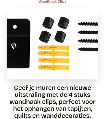 Dailygoods - Wandhaak Clips - Sterke bevestiging - Voor tapijten - 4 stuks - Wanddecoratie - Geschikt voor muur - Kleur: zwart