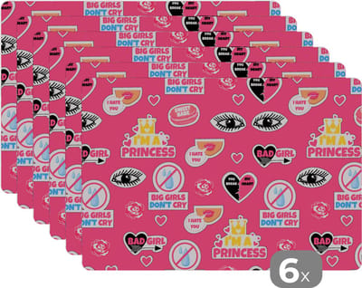Placemat - Placemats kunststof - Meisjes - Roze - Prinses - Patroon - 45x30 cm - 6 stuks - Hittebestendig - Anti-Slip - Onderlegger - Afneembaar