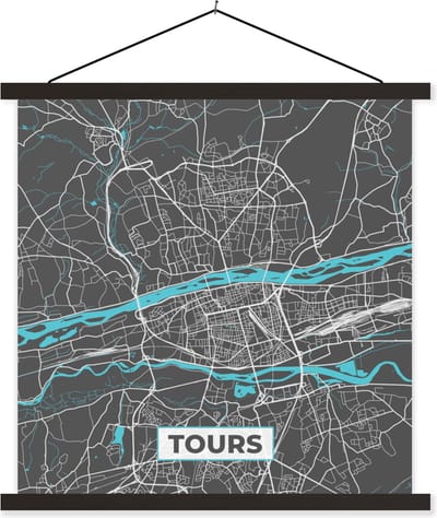 Posterhanger incl. Poster 60x60 cm - Schoolplaat - Tours - Kaart - Stadskaart - Plattegrond - Frankrijk - Textielposter - Zwarte latten - Stadskaart