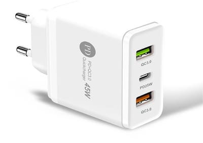 45W USB Oplader met USB-C PD25W + 2X QC3.0 Snellaadpoorten Adapter Lader - Snellader - geschikt voor telefoons, tablets etc. - wit