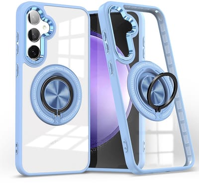Magsafe Hoesje Geschikt voor Samsung Galaxy S23 FE hoesje Blauw Transparant - Met kickstand Draaibare Ring Houder