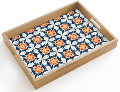 Dienblad hout 40x30 cm - Schootdienblad - Traditioneel - Tegel - Oranje - Borrelplank rechthoek - Plateau dienbladen