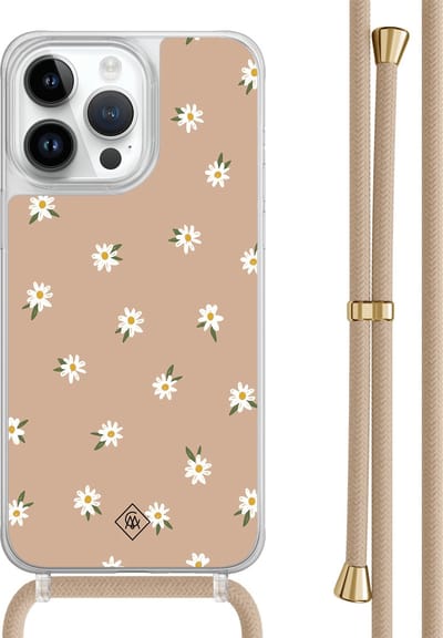 Casimoda® hoesje met beige koord - Geschikt voor iPhone 14 Pro Max - Sweet Daisies - Afneembaar koord - TPU/polycarbonaat - Bruin/beige