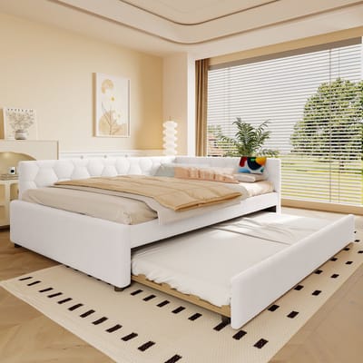 Slaapbank 140x200 cm - met bedlampje - Gestoffeerd bed met uitschuifbaar bed - USB-poort - Type-C - wit - zonder matras