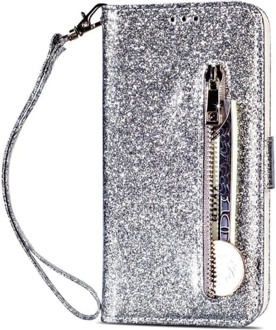 Portemonnee Hoesje - Wallet Case - Rits Sparkly Glitter - Telefoonhoes met Kord Geschikt voor: Samsung Galaxy S10E - Zilver