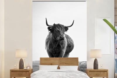Behang - Fotobehang Dieren - Schotse hooglander - Zwart wit - Natuur - Landelijk - Breedte 200 cm x hoogte 300 cm