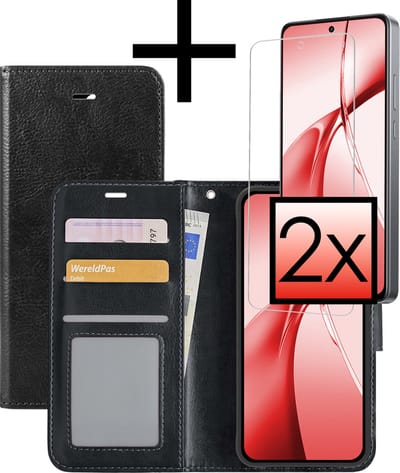 Hoesje - Met 2x Screenprotector - Geschikt voor OnePlus Nord CE4 - Luxe Pasjeshouder - Bookcase Portemonee - Flip Case - Kunstleer Book Case - Flipcase Hoes - Book Cover - Walletcase - Portemonneehoes - Zwart