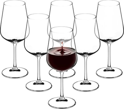 KADAX Rode wijnglazen van kristalglas, set van 6, 450 ml, mooie wijnglazen met hoge steel, rode wijnkelk voor thuis, feest, hoogwaardige kwaliteit, brede onderzetters