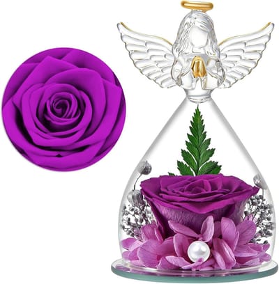 Eeuwige Roos - Bloemen Decoratie - Cadeau Geven - Met Engel Figuur - 10.5 x 10.5 x 15 cm - Paars