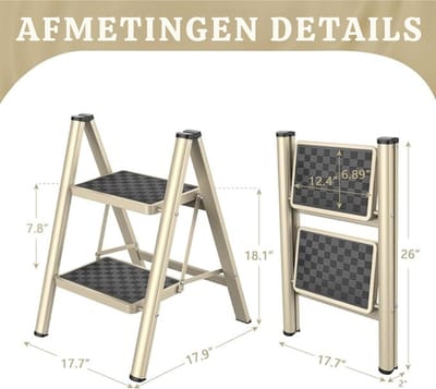 Trapladder - 2 Treden - Inklapbaar - Ladder met Breed Anti-slip Pedaal - Opstapkruk met 150 kg Capaciteit - Goud