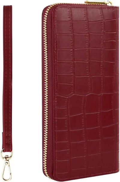 Dames Portemonnee met PU Steenstructuur en Meerdere Vakken voor Reizen, Uitgaan en Werk, Rood, Groot, Minimalistisch Design