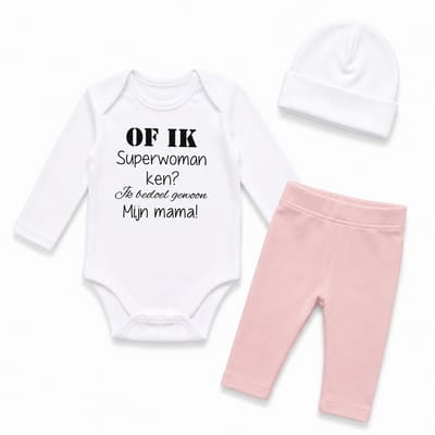 baby romper met tekst  Meisjes Setje 3-delig cadeau geboorte newborn | maat 62-68 | roze mutsje roze broekje en wit romper lange mouw tekst zwart of ik superwoman ken je bedoelt gewoon mijn mama | Bodysuit | Huispakje | Kraamkado | Gift Set