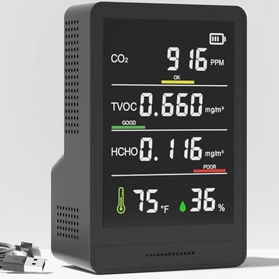 Luchtkwaliteitsmonitor voor CO2, TVOC, HCHO, Vochtigheid en Temperatuur - Geschikt voor Thuis, Kantoor, School, Hotel en Auto