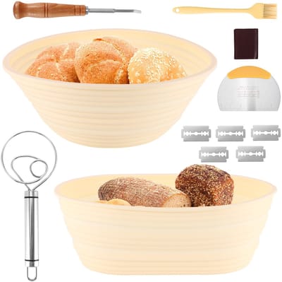 Lemlit Siliconen Rijsmand Set - 23,5 cm Rond en 25,5 cm Ovaal - Zuurdesem Broodbakset met Deegschraper Bakkersmes en Kwast - Geel​