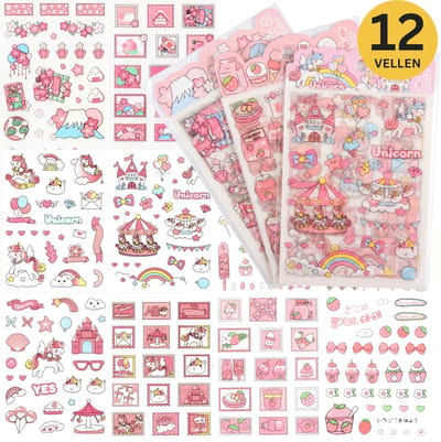 Ainy Kawaii Stickers set - 3 set van 4 stickervellen om je schoolspullen, bullet journal, fotoalbum laptop, telefoon, en waterfles persoonlijk te maken - geschenkstickers - schattig voor jong en oud