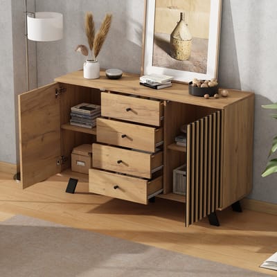 MIVRAY Dressoir - Met 4 Lades En 2 Kasten - Vijflaags Opbergen Voor Woonkamer En Eetkamer - MDF Met Houten Poten - 120x38x75 Cm