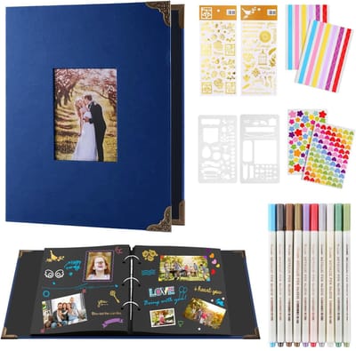 Ringband fotoboek, fotoalbum om zelf vorm te geven, zwart album van karton, voor 160 foto's, scrapbook fotoboek met 60 pagina's, inclusief 10 metallic kleurmarkers, gastenboek voor verjaarda