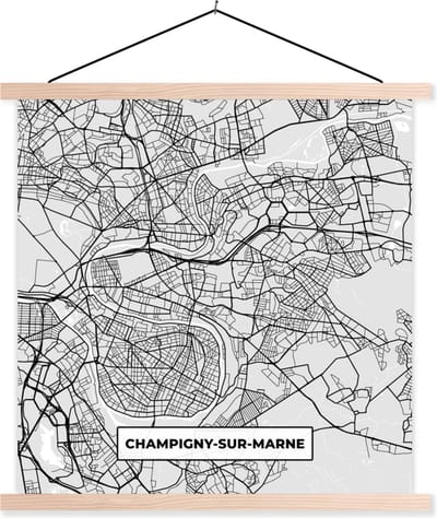 Posterhanger incl. Poster 40x40 cm - Schoolplaat - Stadskaart - Frankrijk - Kaart - Champigny-sur-Marne - Plattegrond - Textielposter - Blanke latten - Stadskaart