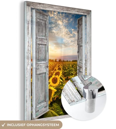 MuchoWow® Glasschilderij 30x40 cm - Schilderij acrylglas - Doorkijk - Zonnebloem - Bloemen - Zon - Foto op glas - Schilderijen