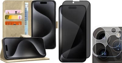 Hoesje geschikt voor iPhone 15 Pro - Privacy Screenprotector FullGuard & Camera Lens Screen Protector - Book Case Kunstleer Pasjeshouder Goud