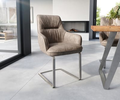 Sledestoel Zelia-Flex met armleuning sledemodel vlak roestvrij staal microvelours taupe vintage pocketveer kern