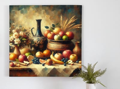 Olieverf stilleven schilderij | Stillende olie op doek: een kunstzinnig stilleven meesterwerk | Kunst - 100x100 centimeter op Dibond | Foto op Dibond