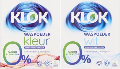 Waspoeder Klok kleur + wit 0% parfum kleurstof  2x 18 wasbeurten