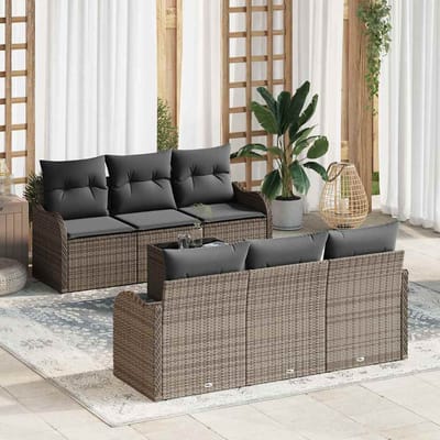 vidaXL Tuinbank Set met kussen 7 pcs Grijs Poly Riet en Staal en Glas