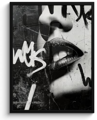 Poster in lijst - Fotolijst 60x80 cm - Posters - Gezicht - Mond - Graffiti - Zwart - Posterlijst zwart - Decoratie - Wanddecoratie woonkamer - Muurdecoratie slaapkamer