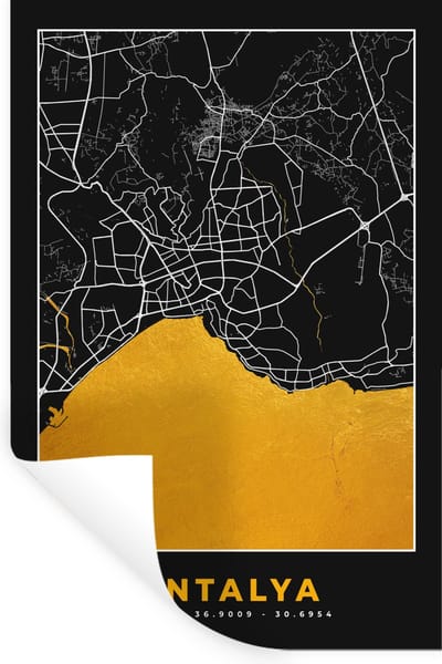 Muurstickers - Sticker Folie - Antalya - Stadskaart - Plattegrond - Goud - Kaart - 20x30 cm - Plakfolie - Muurstickers Kinderkamer - Zelfklevend Behang - Zelfklevend behangpapier - Stickerfolie