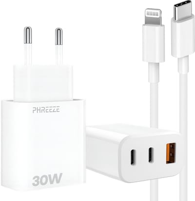 3 poorts snellader met usb C naar Lightning kabel - Made for iPhone