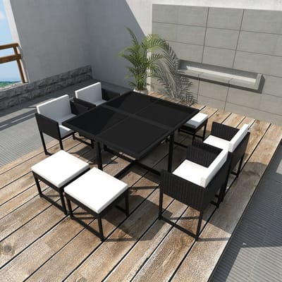 vidaXL - 9-delige - Tuinset - met - kussens - poly - rattan - zwart