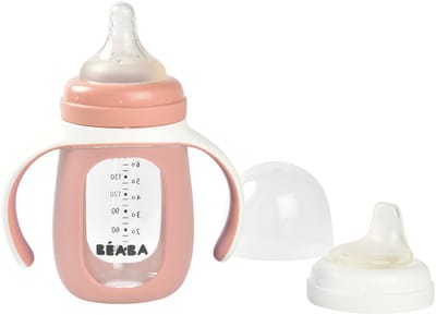 Béaba 2-in-1 Glazen Meegroeifles - Glazen Babyfles met Siliconen Hoes & Handgrepen - Lekvrij & Duurzaam - BPA-vrij - Met Speen & Siliconen Tuit - 210ml - Roze
