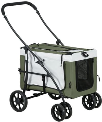 Huisdieromheining 81 X 58 X 97,5 cm 2 In 1 Hondenwagen Hondenbuggy Opvouwbaar Donkergroen Polyester Met Kussen Netramen Deuren Opbergmand Kattenwagen Buggy Donkergroen